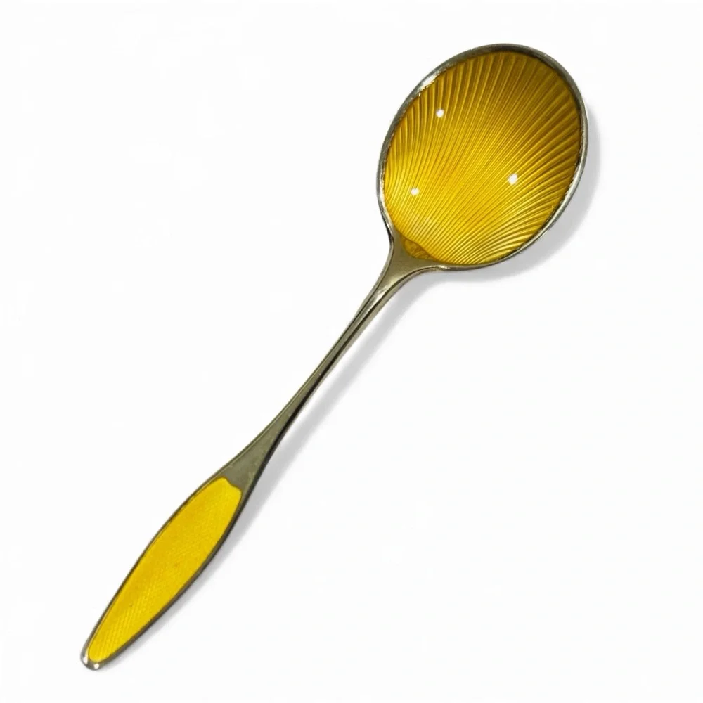 Frigast Sterling Denmark 5.2″ Guilloché Enamel Gilt Spoon — Vintage Danish MCM